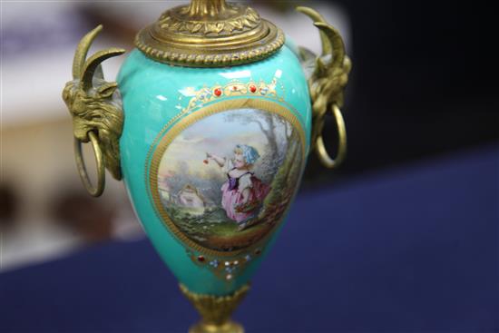 A pair of 19th century French ormolu mounted Sevres style jewelled porcelain cassoulets, height 9in.